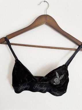 PLAYBOY Black Velvet Rhinestone Bunny Bralette - Logo Band small